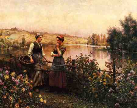 Stopping for conversation, by Daniel Ridgway Knight - woman, painting, nature, art, people, field, daniel ridgway knight