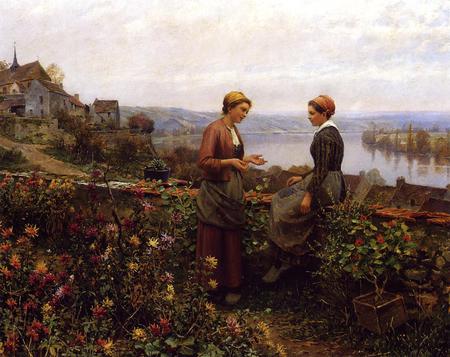 Gossiping, by Daniel Ridgway Knight - daniel ridgway knight, people, nature, woman, painting, field, art