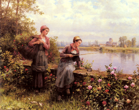 Maria and madeleine fishing, by Daniel Ridgway Knight - ladies, woman, wide screen, people, knight, field, illustration, nature, painting, art, artwork, old master, portrait, daniel knight, beautiful, daniel ridgway knight