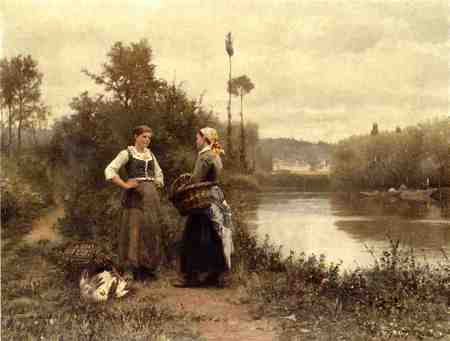 A conversation, by Daniel Ridgway Knight - ladies, woman, wide screen, people, knight, field, illustration, nature, painting, art, artwork, old master, portrait, daniel knight, beautiful, daniel ridgway knight