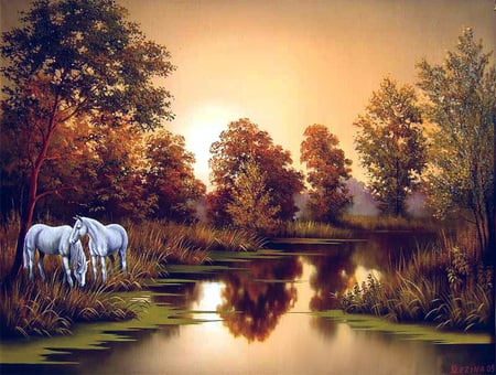 Ð›Ð°ÑˆÐ°Ð°Ð°Ð°Ð´ÐºÐµ!  Ð¡Ð²ÐµÑ‚Ð»Ð°Ð½Ð° Ð¡Ð»ÐµÐ·ÐºÐ¸Ð½Ð° - painting, art, horse, river, tree, sunset