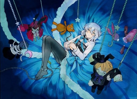 Pandora Hearts - short hair, yellow eyes, bed, animal, dress, gray hair, barefoot