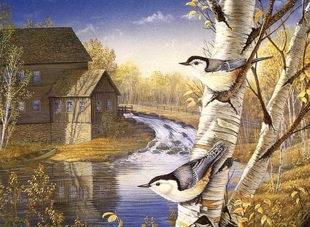 Birds painting - painting, art, bird, river