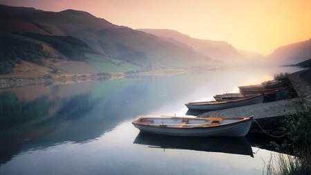 Lake in North Wales - calm, boats, quiet, sunset, wales, sunrise, lake