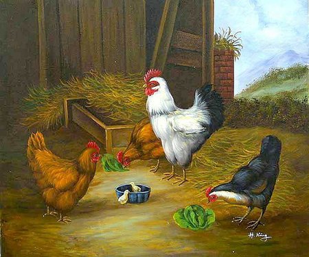 Rooster, hen, and chick