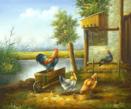 Rooster and hen - pond, stable, tree, hen, animal, rooster, painting, farm, art