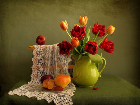 Spring collection - blooming, fruits, pears, tulips, pluma, spring, vase, yellow, beautiful, red, table, green, lace