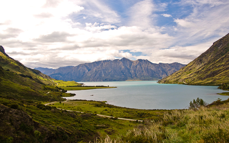 Lake Hawea - clouds, beautiful, road, scenic, mountain, nature, green, spectacular, lakes