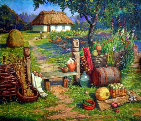 Farm - nature, painting, farm, art, apple, grass