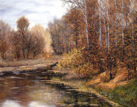 Pond - lake, forest, pond, tree, painting, art