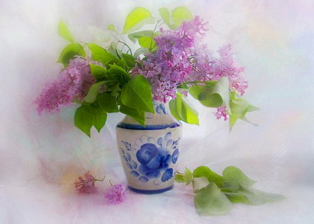 Mist - misty, blue and white vase, flowers, purple, lilacs, green leaves