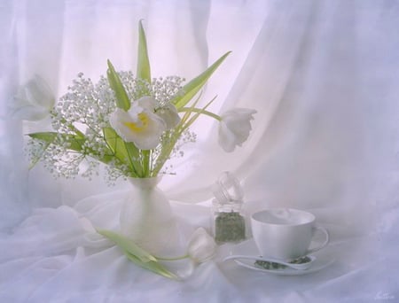 Beauty in white - curtain, flowers, white, purity, tea cup, green leaves