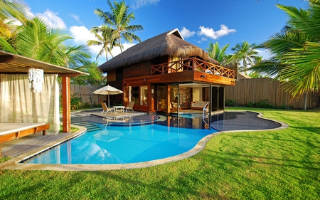 Summer Time - swimming pool, bed, colorful, design, chairs, villa, modern, view, umbrella, table, poolhouse, thatch, grass, swimming, nature, chair, beautiful, beauty, sky, trees, sofa, peaceful, water, pretty, clouds, architecture, green, house, tree, relax, houses, swim, palms, summer, lovely, luxury, balcony, blue, colors, pool