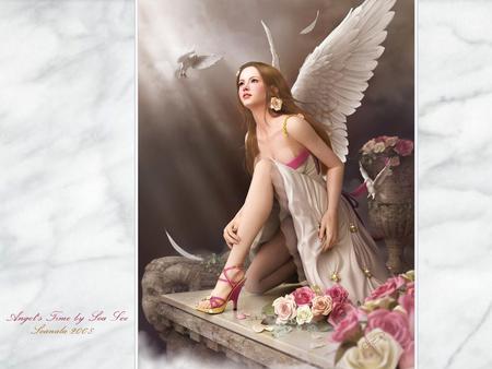 Soa Lee - Angel's Time - soa lee, roses, birds, dress, angel, wings, soanala, marble, feathers