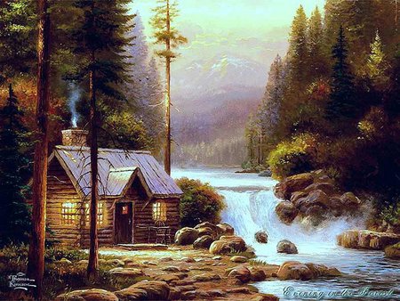 Stream - painting, art, river, tree, house