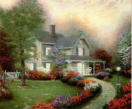 Garden - house, path, garden, painting, grass, flower, art, tree