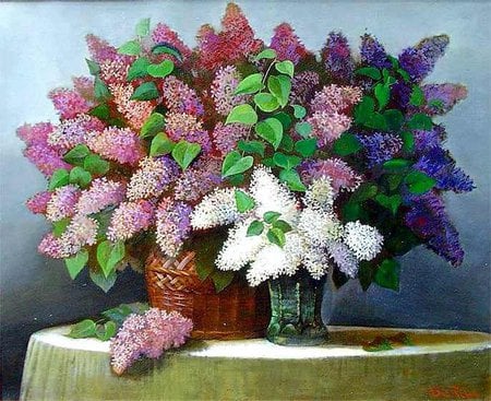 Abundant flowers - flower, bouquet, table, still life, painting, art