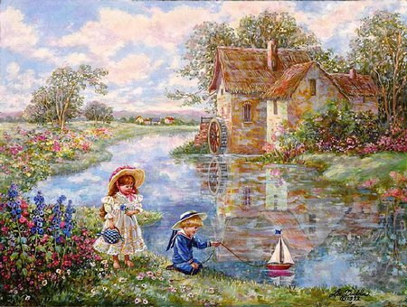 Paper boat - painting, art, children, play, river, tree, boat