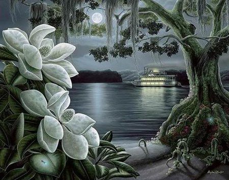 Cloudy - flower, river, ship, tree, painting, art