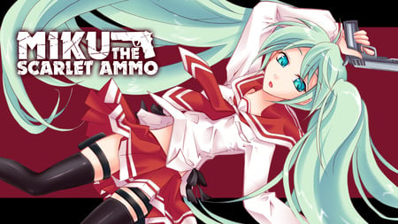 Hatsune Miku - tie, pretty, artistic, hidan no miku, uniform, pistol, colt 45, nice, program, hot, thighhighs, hand gun, beauty, virtual, cg, white, cute, kanzaki, aqua eyes, song, outfit, sexy, vocaloid, anime, hidan no aria, colt, cross-over, twintail, weapons, hatsune miku, music, aqua, red, katana, art, kanzaki h aria, idol, aria, anime girl, holster, skirt, beautiful, cosplay, singer, girl, cool, black, miku, awesome, diva, digital, aqua hair, hatsune, vocaloids