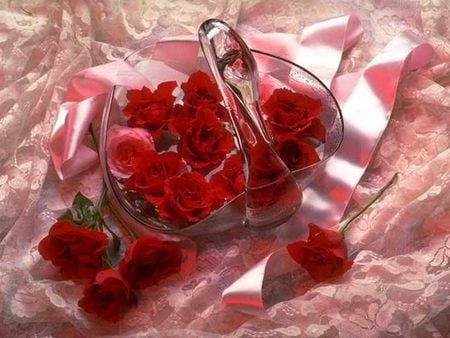 Tenderness - swan, roses, tenderness, vase, cloth, pink, red, flowers, ribbon, red roses