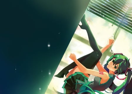 Hatsune Miku - aqua, hot, sun, headset, thighhighs, music, anime girl, white, art, cool, aqua eyes, artistic, hatsune miku, sexy, skirt, station, light, song, vocaloids, program, glow, vocaloid, beautiful, uniform, diva, beauty, nice, sunshine, windows, twintail, singer, aqua hair, black, virtual, pretty, idol, anime, miku, cute, sunlight, girl, cg, hatsune, microphone, headphones, tie, awesome, digital, outfit