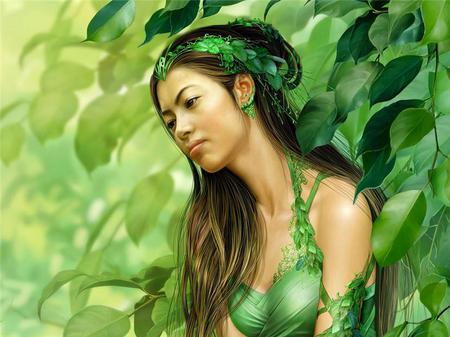 Green Goddess - woman, lady, pretty, female, leaves, green, oriental