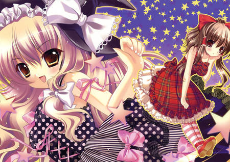 Touhou girls - game, touhou, big eyes, kirisame marisa, stars, hakurei reimu, cutie, video game