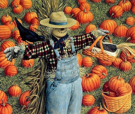 Scarecrow - scarecrow, painting, pumpkin, art, autumn