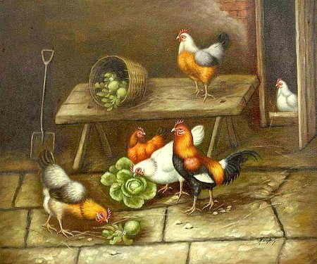 Among hens - al, hen, animal, painting, art, coop