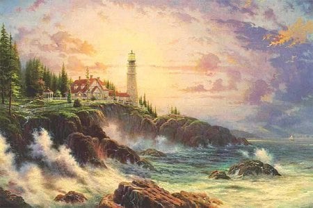 Lighthouse - painting, sky, lighthouse, art, sunset, sea