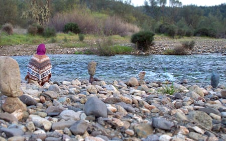 Being in Nature - zen, balance, water, meditation, creek, stones, sitting