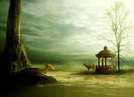 Nature's Divide - trees, clouds, fog, water, mountains, gazebo, deer, mist