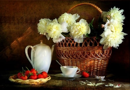 Creamy - strawberries, saucer, still life, peonies, flowers, basket, plate, fruit, cream peonies, coffee pot, cup