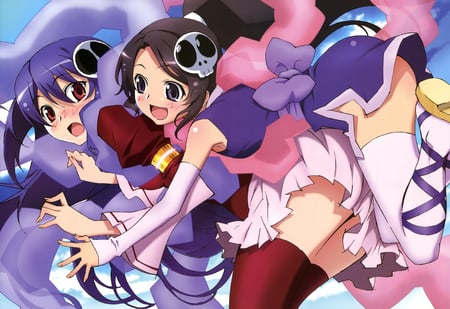 the world god only knows - haqua du lot herminium, 2 girls, dress, black hair, blush, elsee de ruth ima, purple hair, red eyes