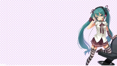 Hatsune Miku - tie, pretty, artistic, uniform, headphones, nice, program, hot, thighhighs, beauty, virtual, chair, cg, white, seat, cute, song, outfit, sexy, bow, vocaloid, anime, twintail, hatsune miku, microphone, music, aqua, art, idol, anime girl, skirt, stripped, beautiful, singer, girl, cool, black, miku, awesome, diva, digital, hatsune, vocaloids, headset, stripe