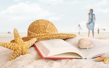 Summer - pretty, summer, people, romantic, book, beach, romance, sand, shell, sky, clouds, hat, beautiful, photography, sea, beauty, colors, lovely, ocean, shells, nature