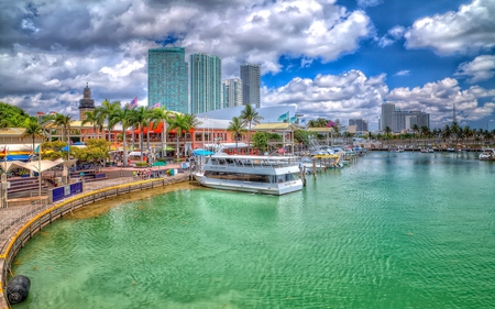 Lovely View - summer, skyline, harbour, sailboats, marina, sailing, skyscrapers, house, city, beauty, colors, architecture, boats, nature, sailboat, ships, building, umbrellas, alley, boat, splendor, miami, view, port, houses, sky, clouds, palms, trees, beautiful, ship, sea, buildings, lovely, ocean, tree, florida, colorful, peaceful