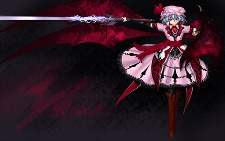 Remilia Scarlet - anime girl, red ribbon, female, dress, sword, bat wings, gothic, cool, dark, touhou, katana, remilia scarlet, headdress