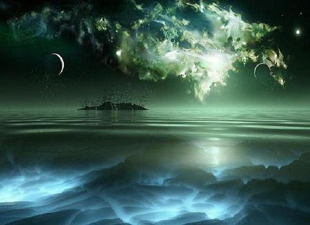 Worlds Beyond - clouds, moons, oceans, blue, seas, island, eerie