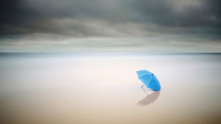 Blue Umbrella - beach, clouds, blue, umbrella, water, sand, sea