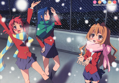 Toradora - schoolgirls, skirt, snow, toradora, rooftop, short hair, red hair, taiga aisaka, roof, minori kushieda, blue hair, ami kawashima, schoolgirl