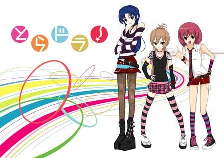 Toradora - kneesocks, minori kushieda, toradora, thighhighs, colorful, schoolgirls, taiga aisaka, stripes, ami kawashima