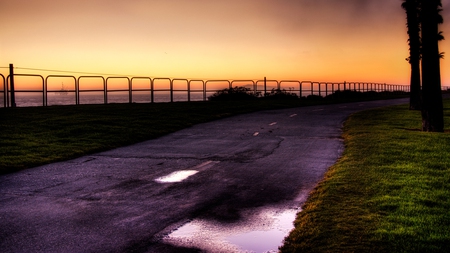 Driving on a beach road (for Will) - drive, beach, sky, trees, sun, puddles, sunset, road, colour, yellow, driving, orange, color, grass, sea, long