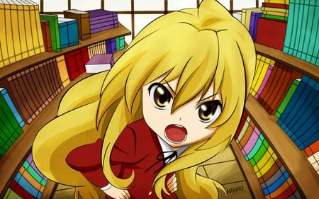 Taiga Aisaka - library, taiga aisaka, toradora, long hair, books, yellow hair, angry