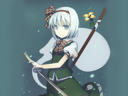 Touhou - short hair, head band, dress, gray hair, weapon, flower, blue eyes