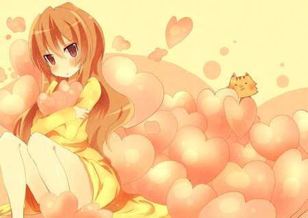 Taiga Aisaka - heart, toradora, blush, brown hair, love, long hair, fluffy, colorful, taiga aisaka, soft, hearts