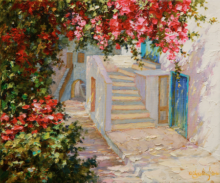 Ð®Ñ€Ð¸Ð¹ ÐžÐ±ÑƒÑ…Ð¾Ð²ÑÐºÐ¸Ð¹. Ð£Ð»Ð¾Ñ‡ÐºÐ° - painting, art, flower, terrace