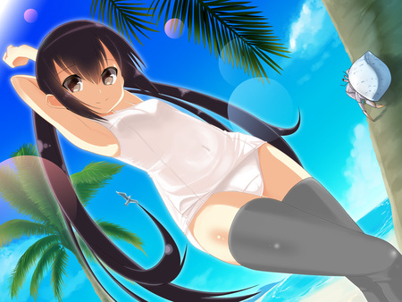 K-on - azusa, bikini, black hair, wet, long hair, sky