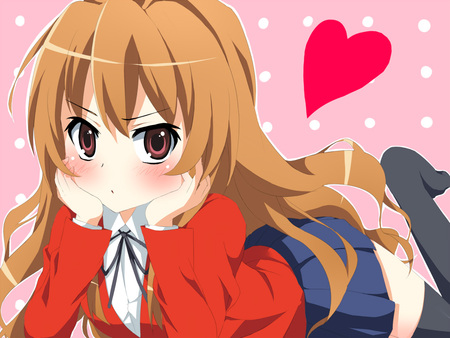 Taiga Aisaka - heart, skirt, toradora, blush, brown hair, long hair, uniform, taiga aisaka, schoolgirl